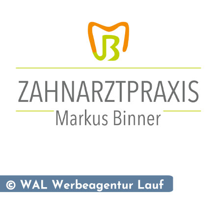 Das neues Logo der Zahnarztpraxis Markus Binner Neunkirchen: Oben ein großes oragenes M welches mit den darunterliegenden B verbunden ist.