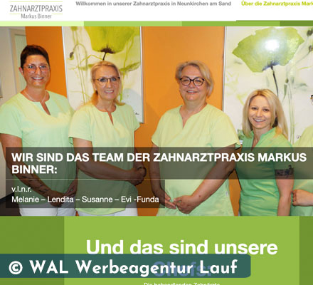 Das Bild zeigt das Praxisteam auf der Website der Zahnarztpraxis von Markus Binner in Neunkirchen am Sand.